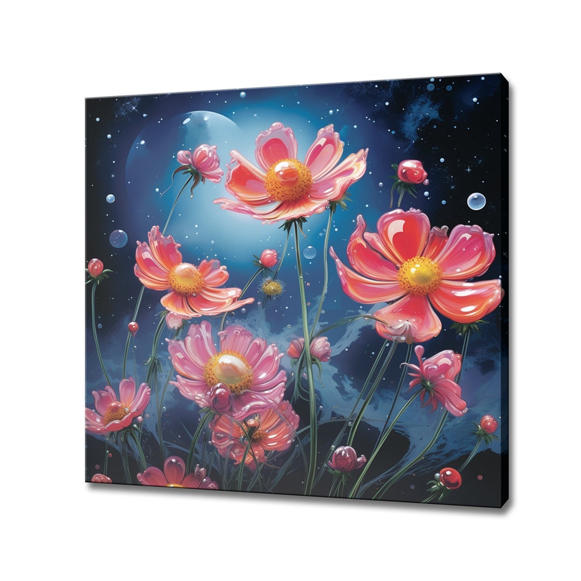 Pink Cosmos Flowers Moonlit Night Sky Starry Bloom Oil Painting Poster