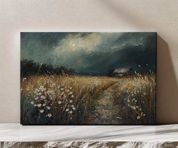 Moonlight Over The Meadow Cottage Vintage Painting Print Rustic Fall Landscape Art Living Room Wall Art Farmhouse Decor Wall Art