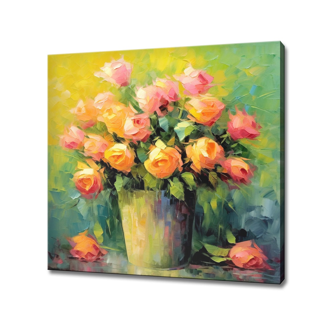 Beautiful Yellow Pink Roses Flowers Oil Painting Style Print Art Wall Hanging Living Room Decor Modern Design Floral Art Print