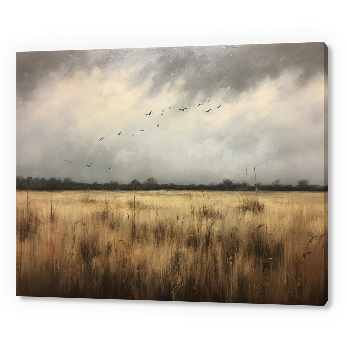 Stormy Sky Flock Of Birds Golden Wheat Field Dramatic Vintage Poster