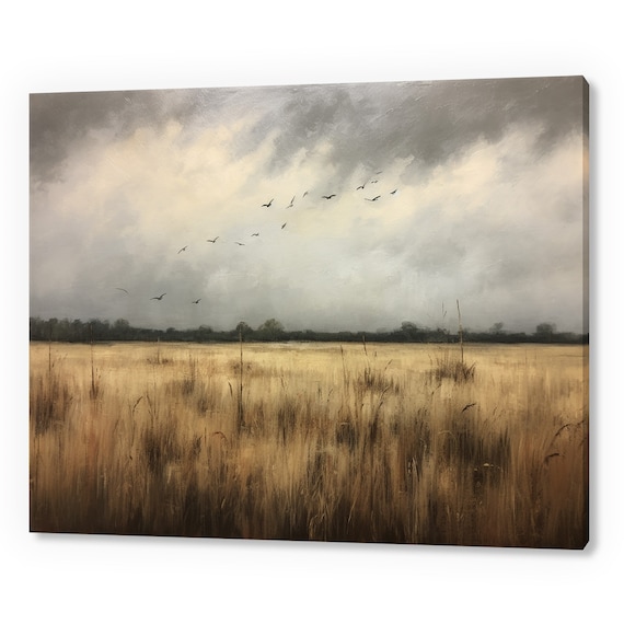 Vintage Country Landscape Stormy Clouds Birds Antique Countryside Print Moody Painting Print Living Room Wall Art Farmhouse Decor