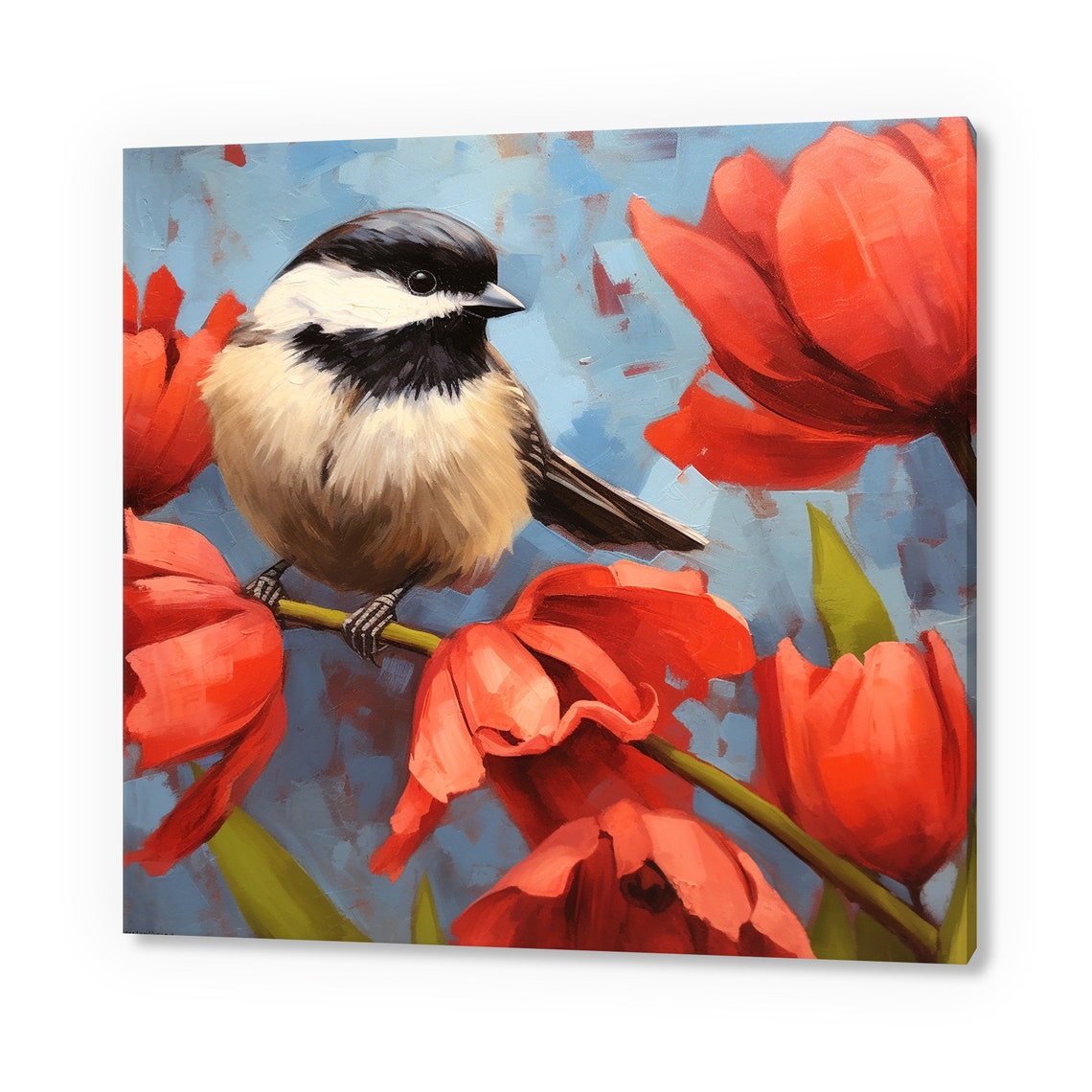 Chickadee Bird Among Red Tulips Blue Background Oil Painting Art Print