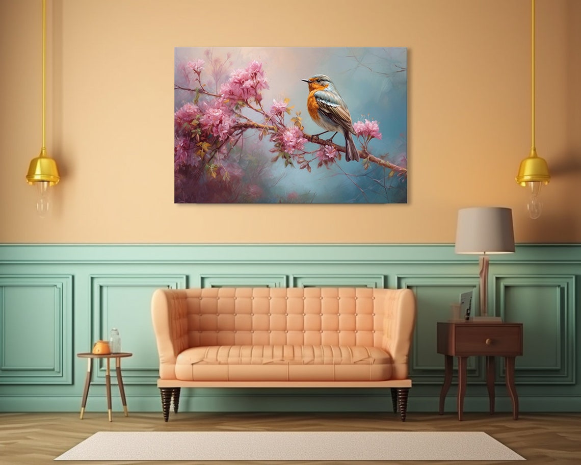Sweet Robin Bird On Pink Blossom Branch Serene Spring Wall Poster - Image 2