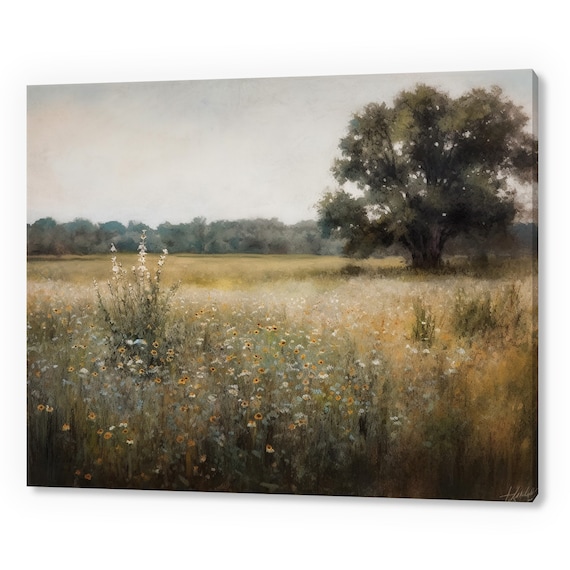 Vintage Spring Flowers Meadow Landscape Antique Countryside Print Moody Painting Print Living Room Wall Art Farmhouse Decor