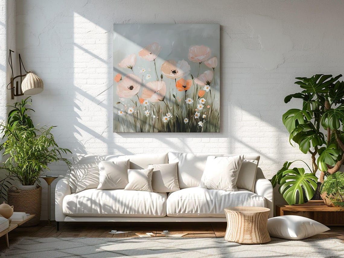 Beautiful Peach Poppy Flowers Field Vintage Oil Painting Style Print Wall Hanging Living Room Decor Modern Design Floral Art Print - Image 3