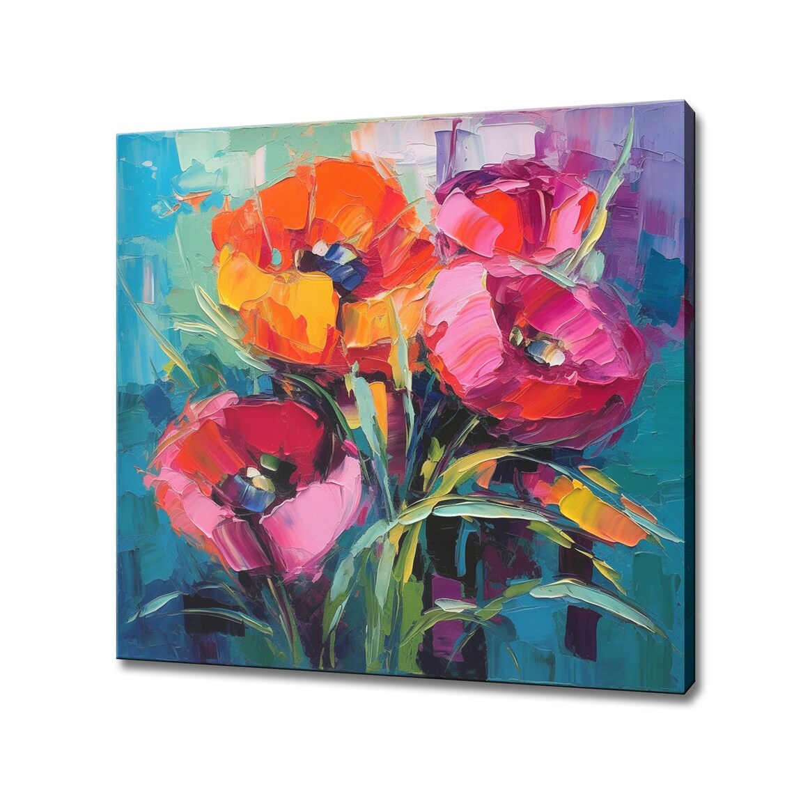 Red Poppy Flowers Impasto Oil Painting Bold Orange Teal Art Poster