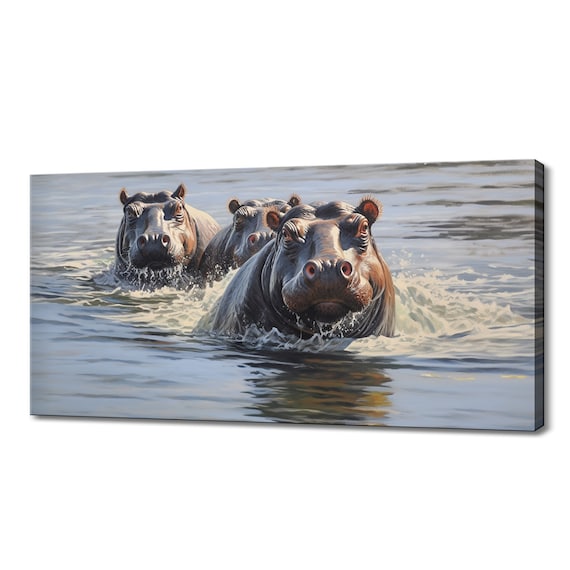 Hippo Family Swimming In River Playful Splash Wildlife Wall Art Print