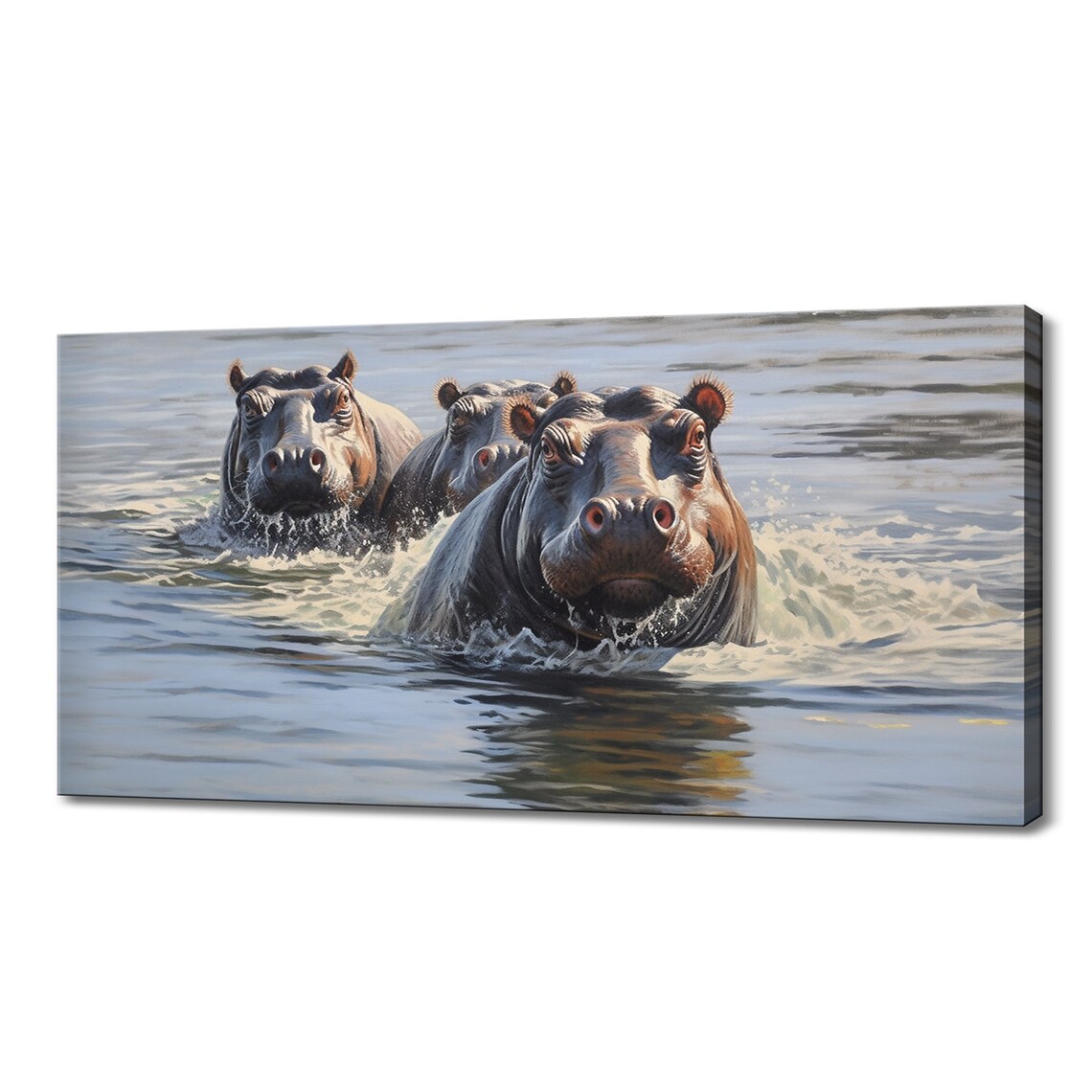 Hippo Family Swimming In River Playful Splash Wildlife Wall Art Print