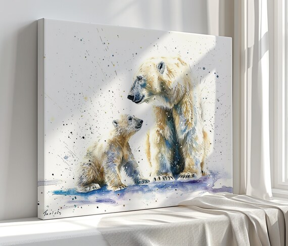 Polar Bear Mama Cub Sitting Watercolor Splash Tender Arctic Nursery Art Poster
