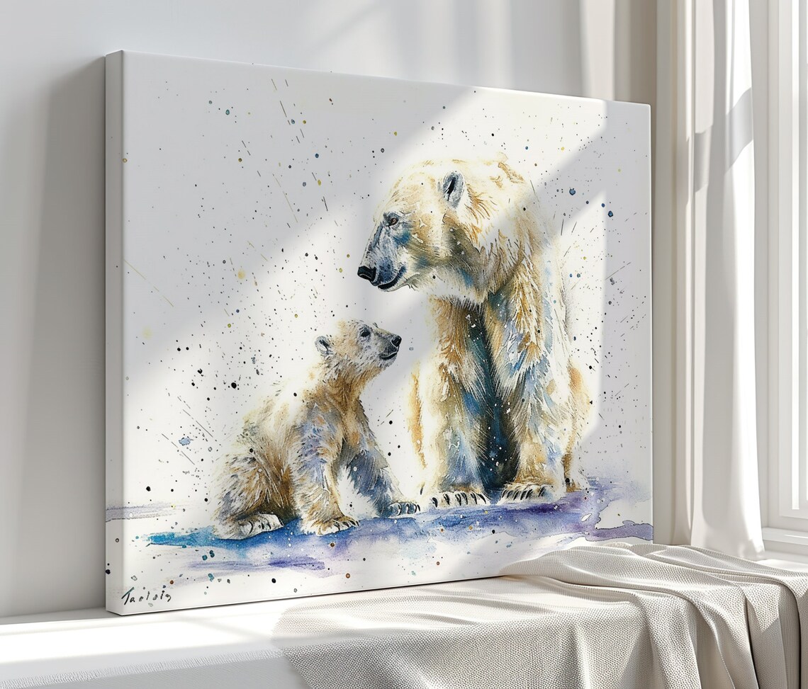 Polar Bear Mama Cub Sitting Watercolor Splash Tender Arctic Nursery Art Poster