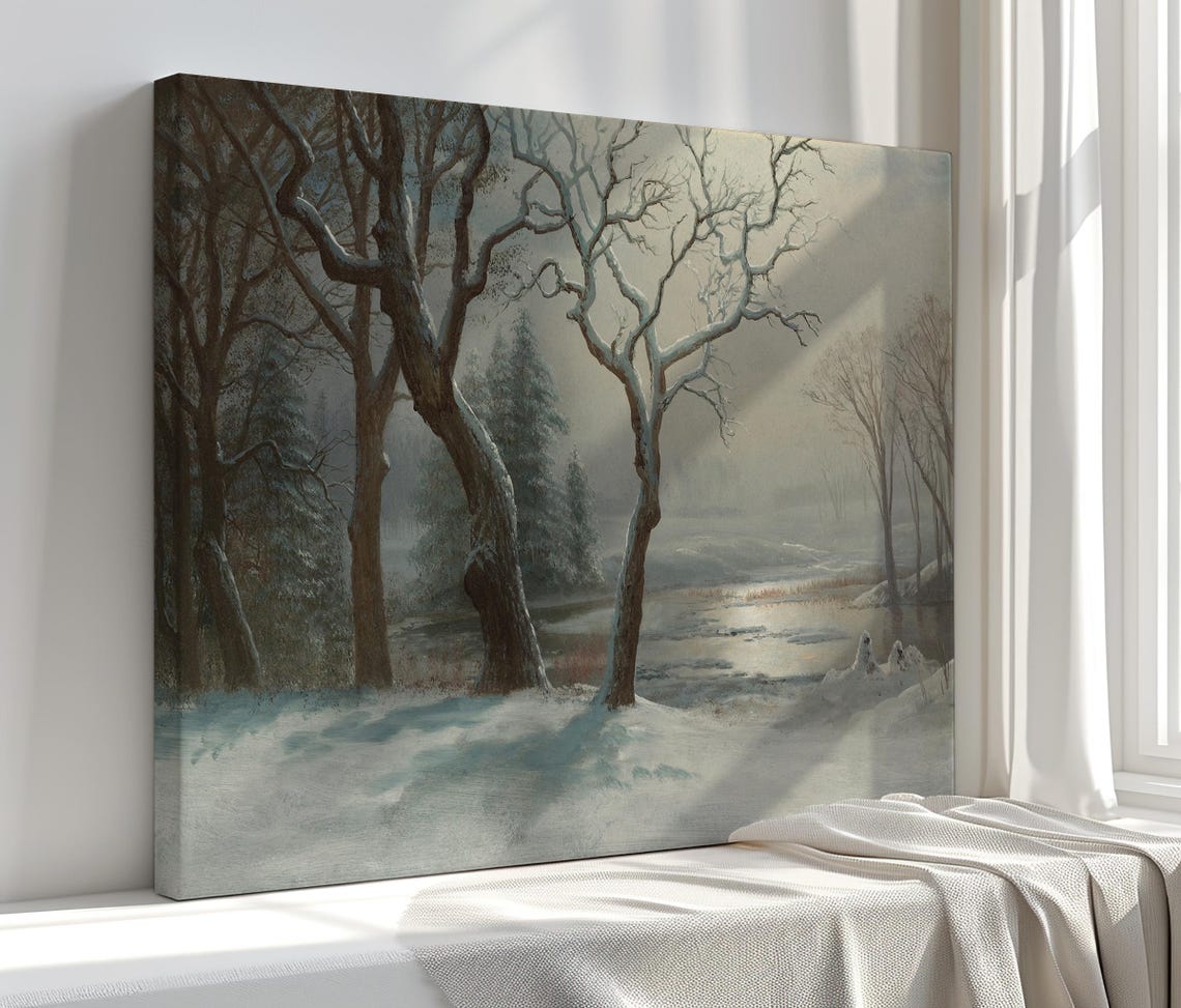 Misty Winter Forest Frozen Pond Bare Trees Moody Landscape Print