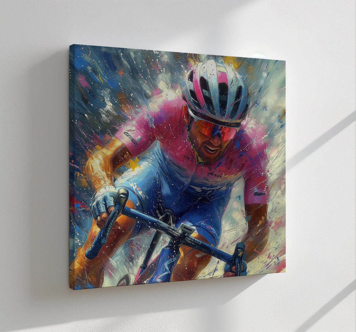 Cyclist In Pink Jersey Dynamic Action Sports Painting Wall Poster - Image 2