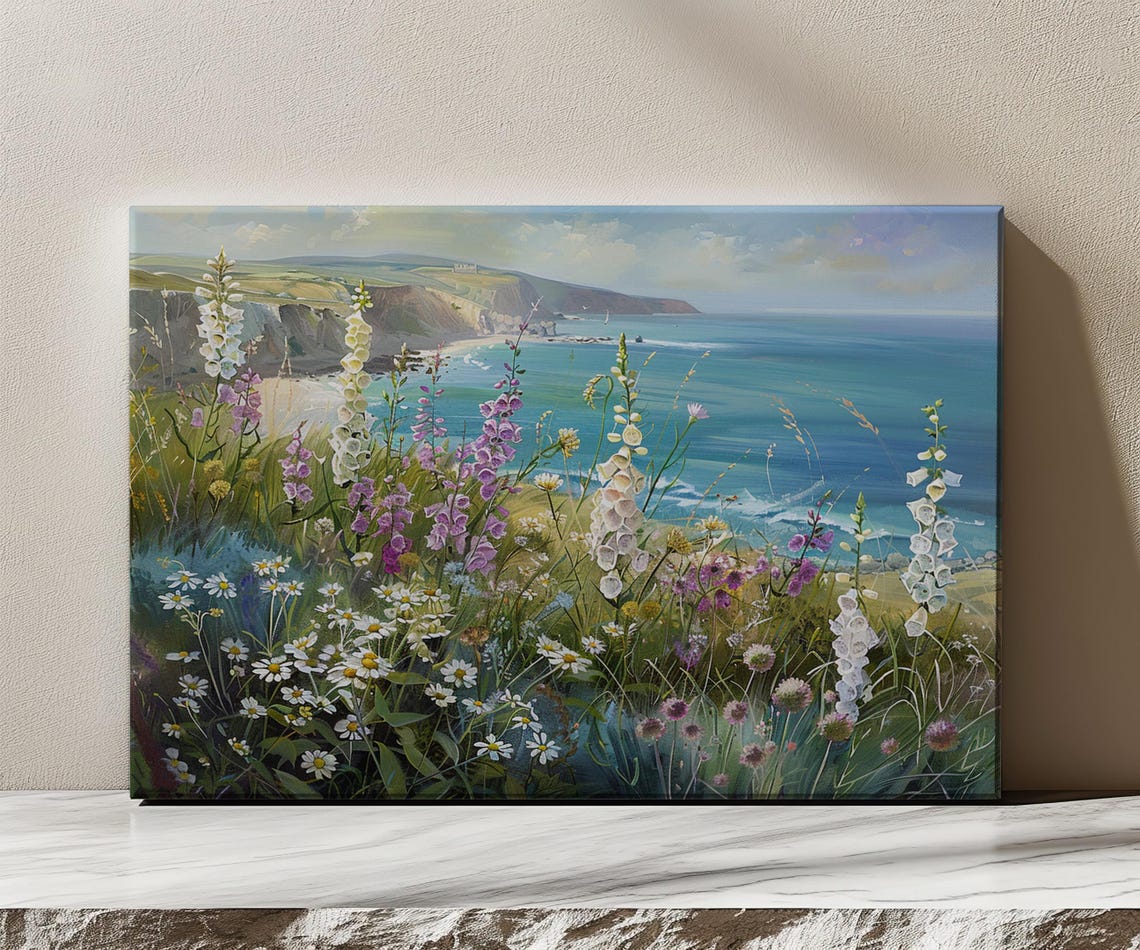 Field Of Wildflowers On The Cliff Vintage Painting Print Nature Floral Art Print Living Room Botanical Wall Art