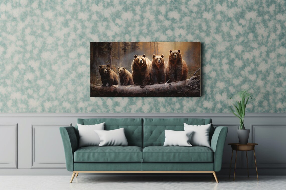 Brown Bear Family Five Bears Fallen Log Misty Forest Wildlife Painting Poster - Image 3