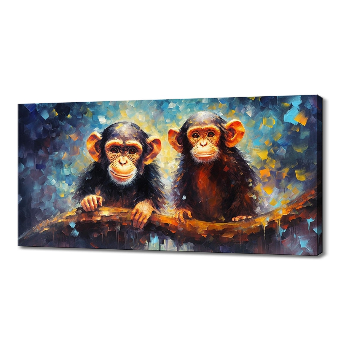 Baby Chimpanzee Pair Branch Moonlit Blue Impasto Nursery Poster