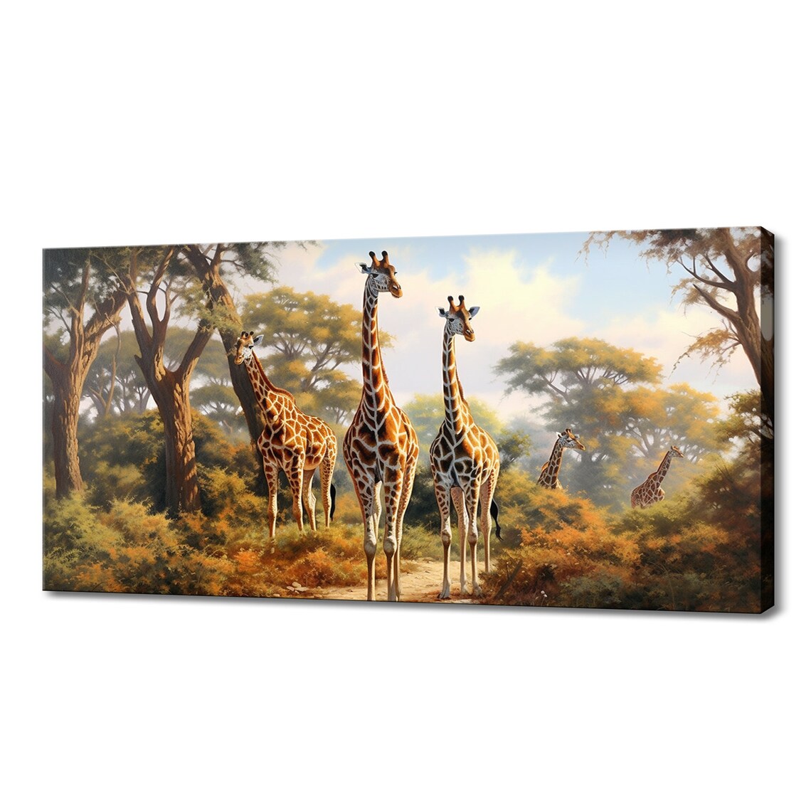 Giraffe Family Standing In Golden Savanna Acacia Trees Wildlife Wall Art Print