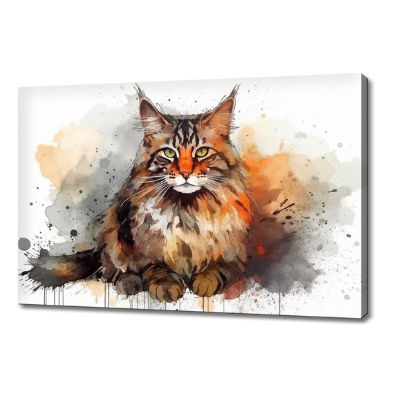 Maine Coon Cat Watercolor Portrait Brown Tabby Long Hair Green Eyes Poster