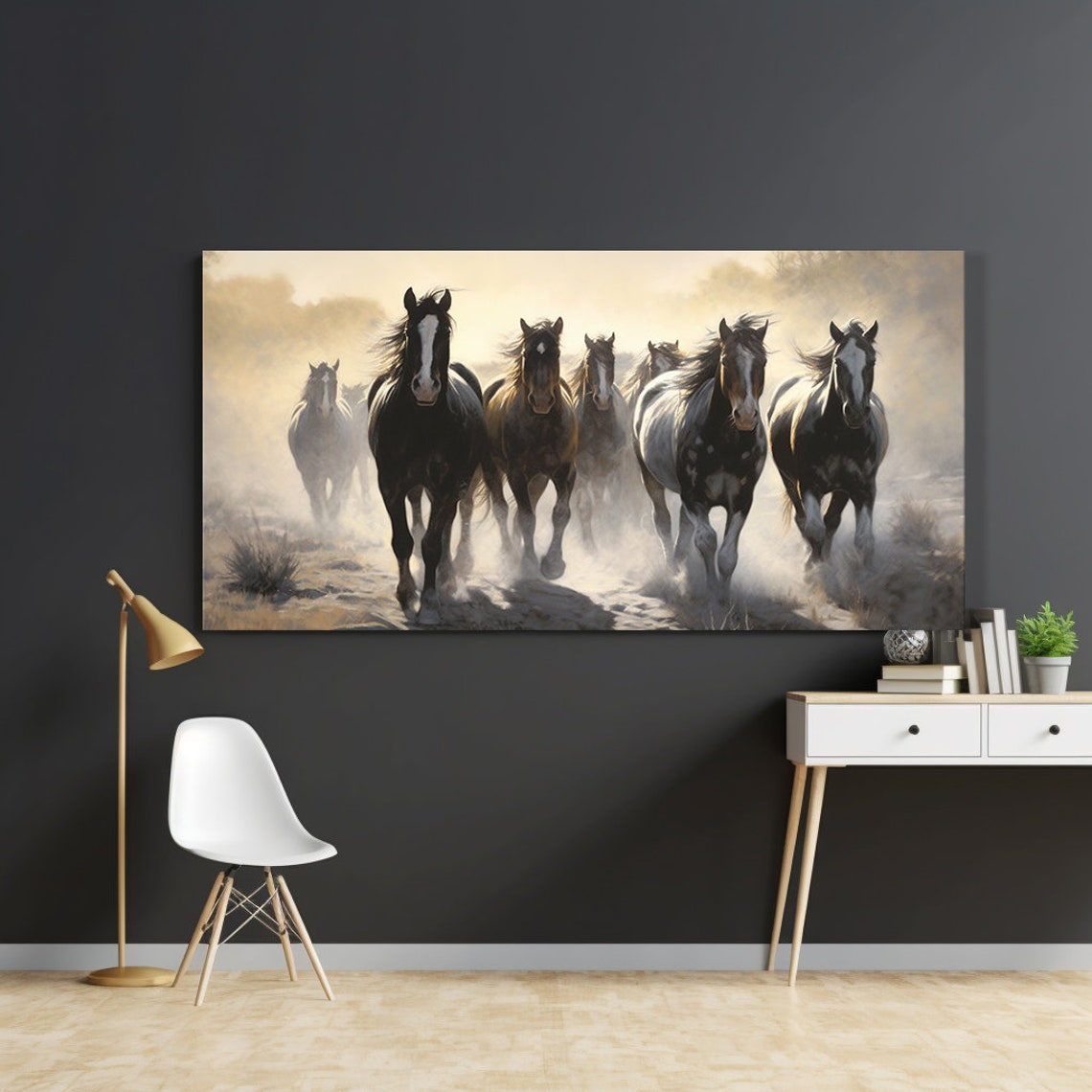 Running Wild Horses Stampede Dust Golden Light Panoramic Poster - Image 4