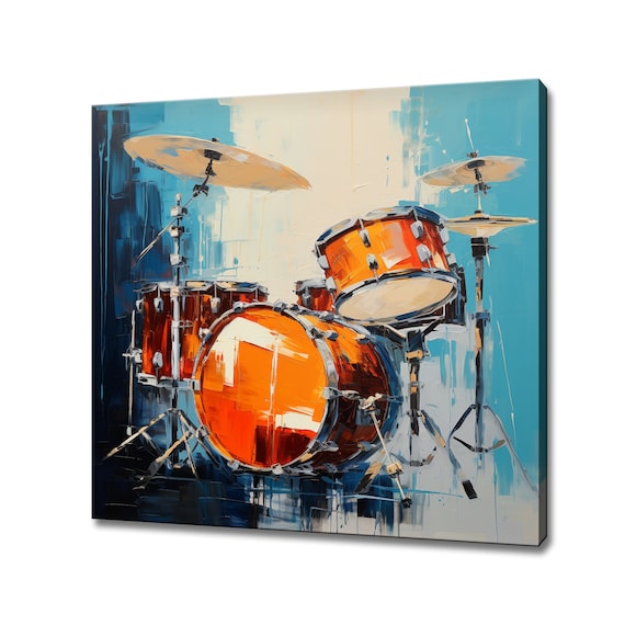 Orange Drum Kit Bold Blue Abstract Oil Painting Musician Studio Art