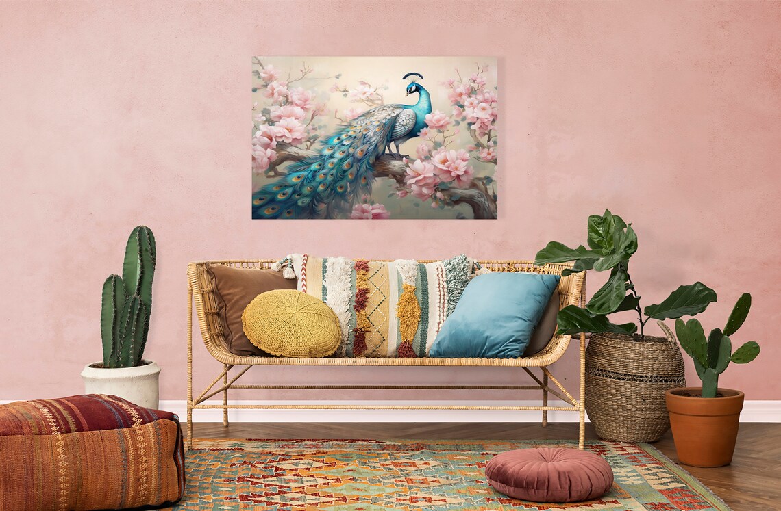 Peacock and Cherry Blossom Tree Art Print, Spring Scene - Image 2