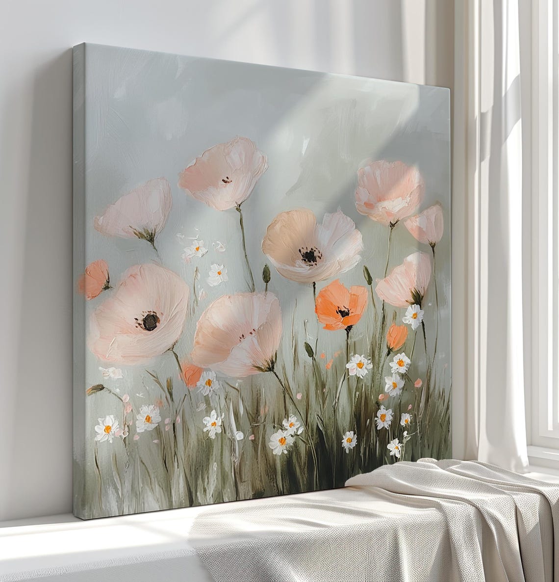 Peach Poppy Flowers With White Daisies Soft Botanical Painting Poster - Image 2