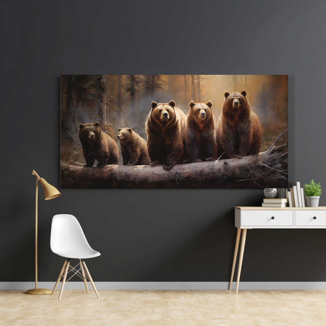 Brown Bear Family Five Bears Fallen Log Misty Forest Wildlife Painting Poster - Image 4