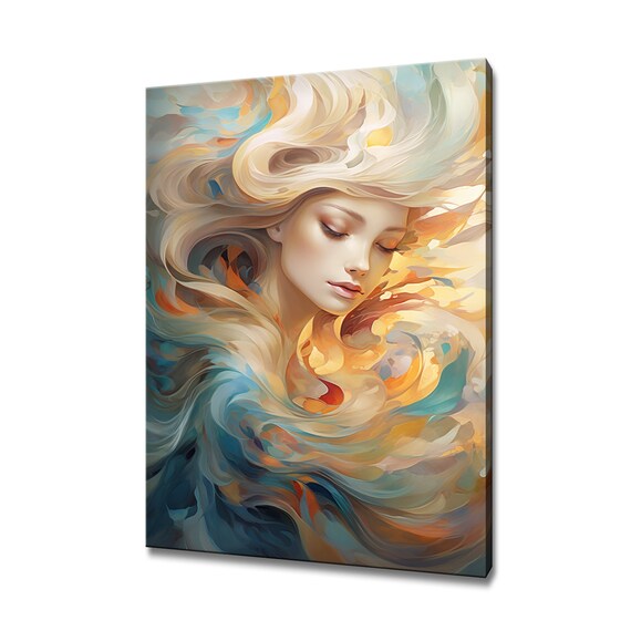 Serene Woman Portrait Flowing Golden Hair Abstract Dreamlike Art Poster