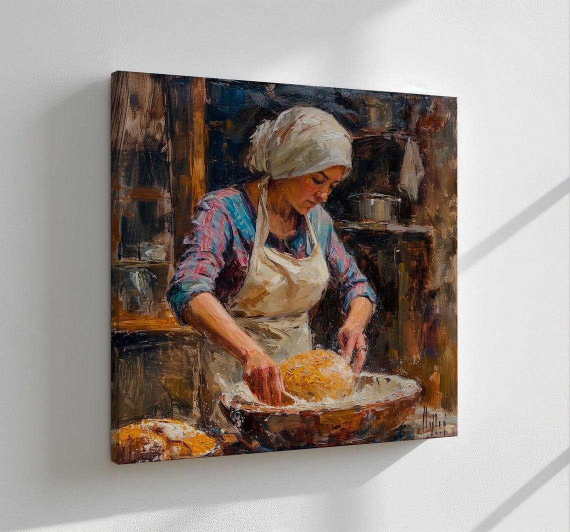 Woman Baking Bread Rustic Kitchen Vintage Oil Painting Art Poster