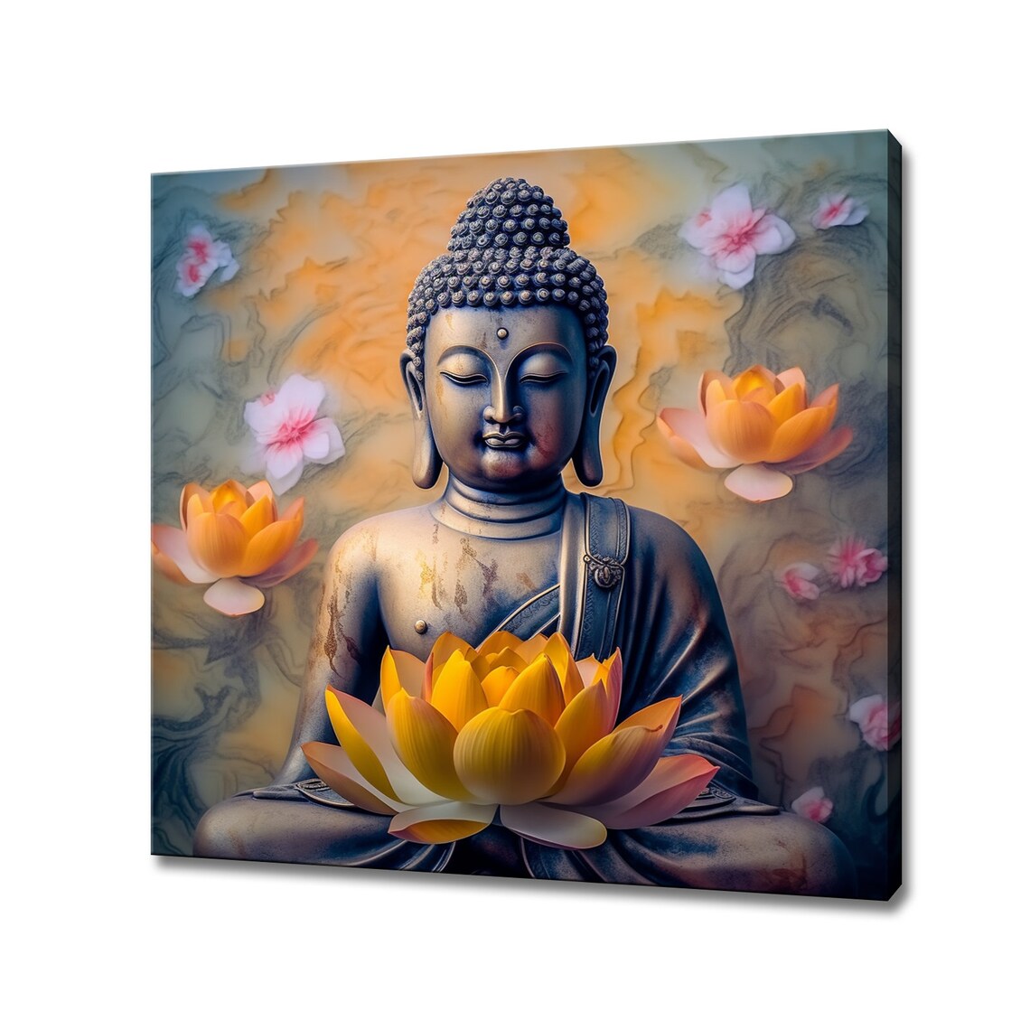 Buddha With Orange Pink Flowers, Zen Art Print