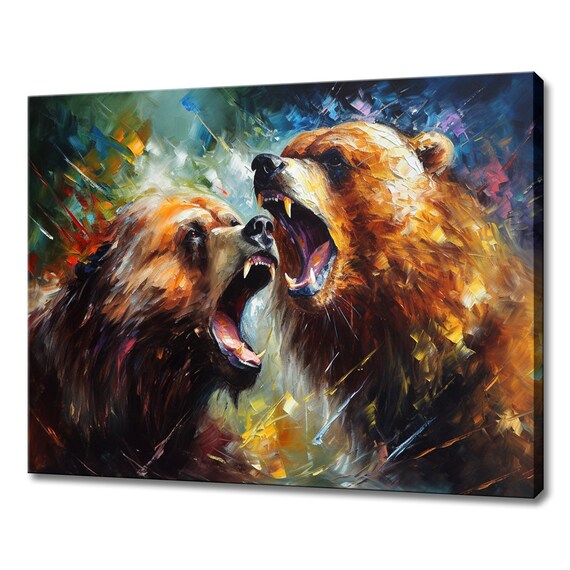 Roaring Grizzly Bears Palette Knife Dramatic Wildlife Face Off Art Poster