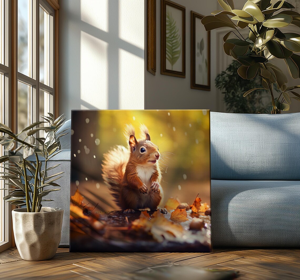 Golden Red Squirrel In Autumn Forest Rain Cute Wildlife Art Poster - Image 3