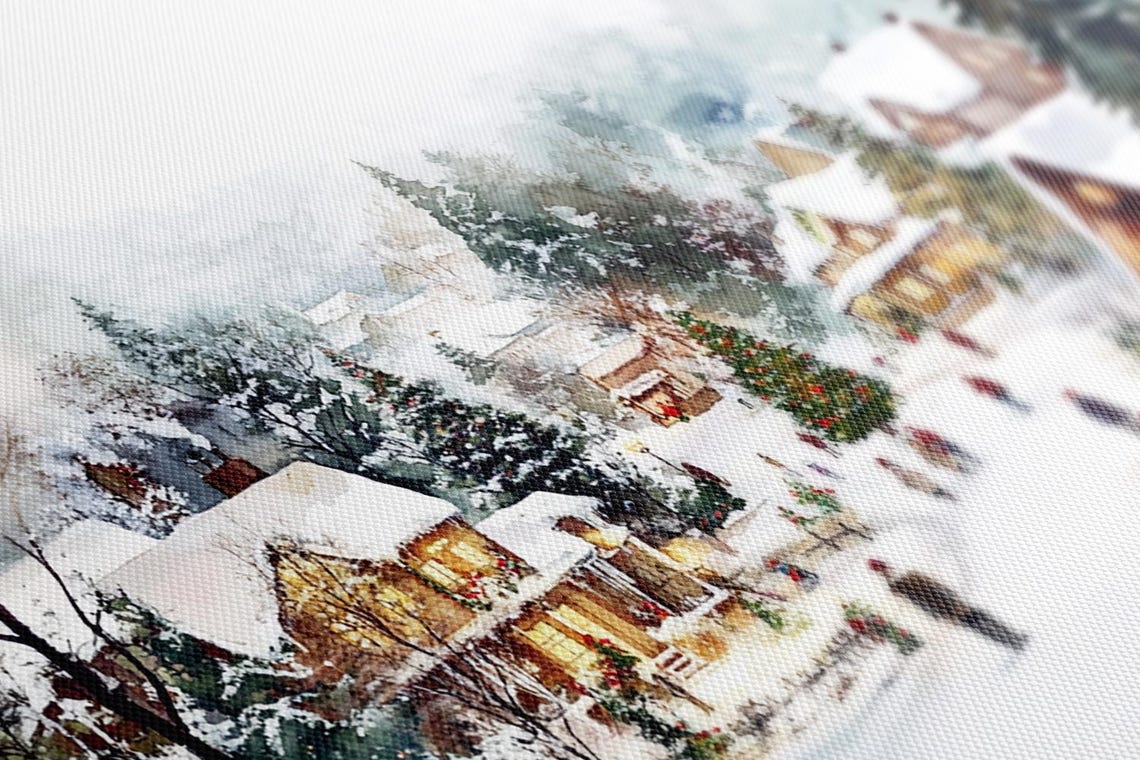 White Snowy Christmas Village Houses Vintage Painting Print Countryside Moody Print Living Room Wall Art Farmhouse Decor Art - Image 2
