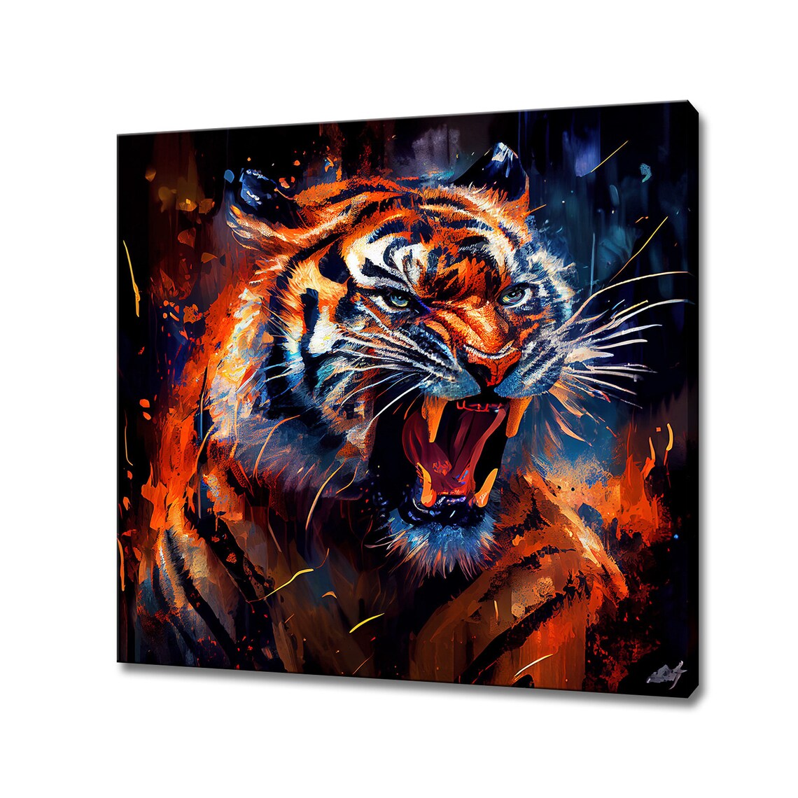 Snarling Tiger Fiery Orange Blue Dramatic Big Cat Portrait Wall Art Poster