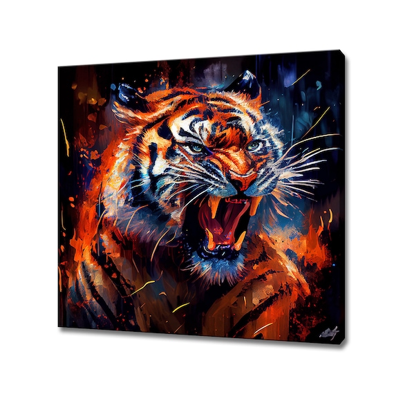 Snarling Tiger Fiery Orange Blue Dramatic Big Cat Portrait Wall Art Poster
