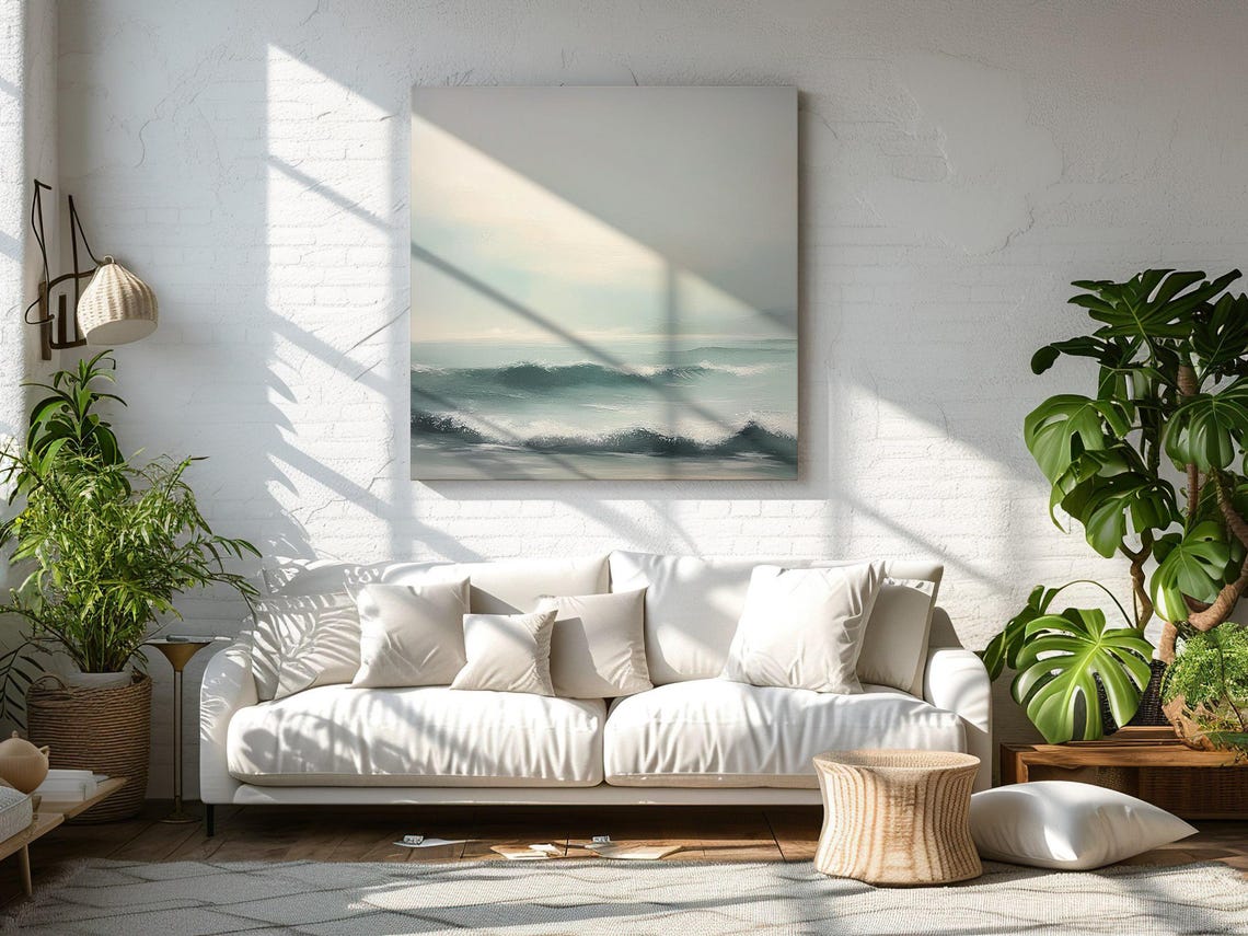 Misty Ocean Waves Seascape Soft Neutral Coastal Painting Wall Art - Image 3