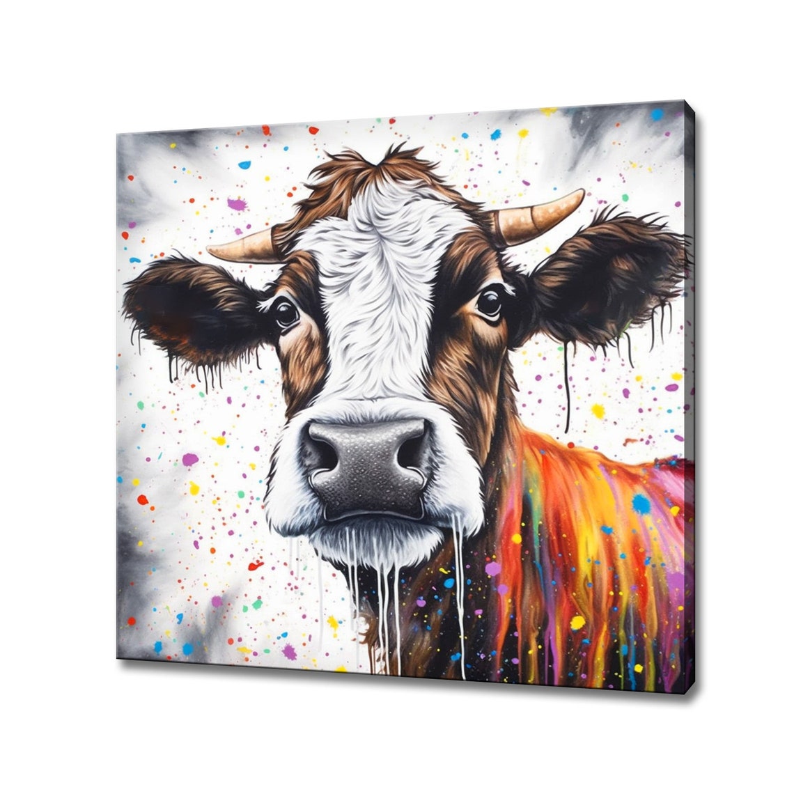 Cow Face Colorful Paint Splatter Whimsical Farm Animal Wall Art Poster