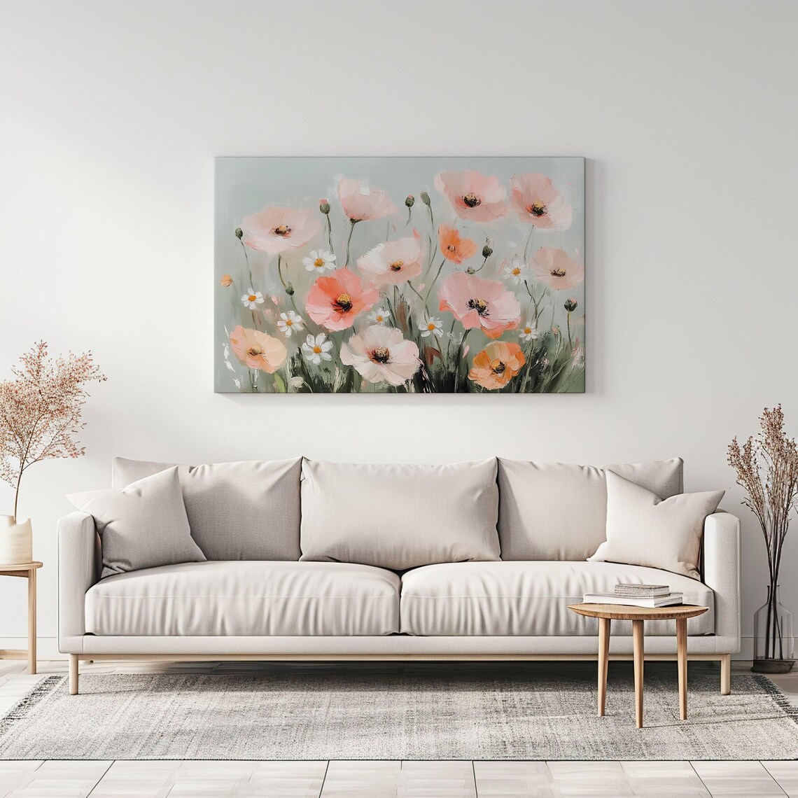 Coral Poppy Field With Daisies Soft Neutral Botanical Painting Print - Image 3