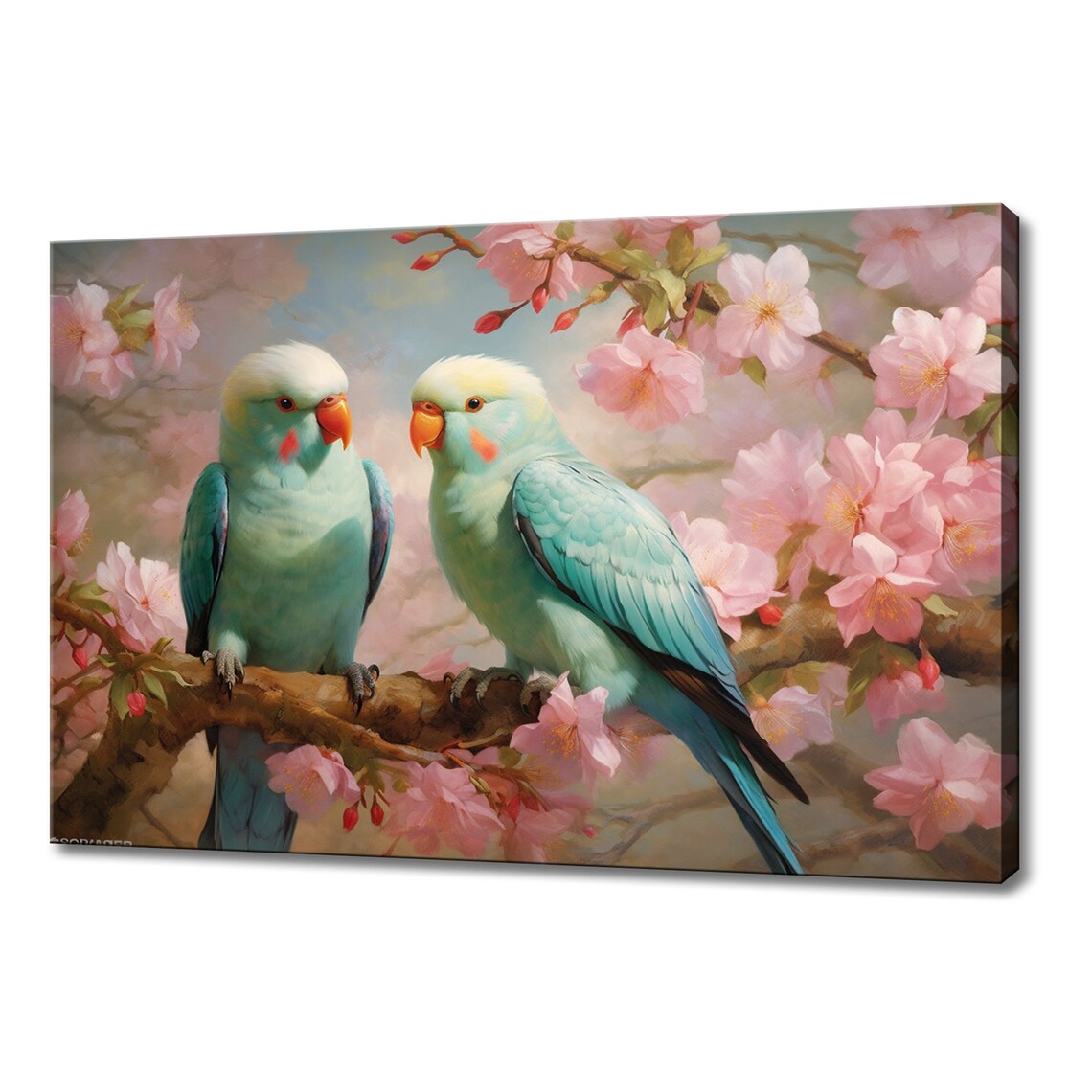 Parrots and Love Birds on Blossom Tree Art Print