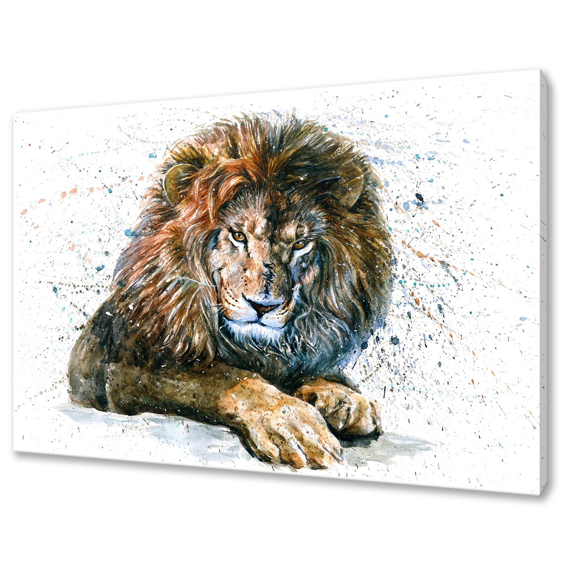 Watercolor Majestic Lion Resting Front View Paint Splatter White Art Print