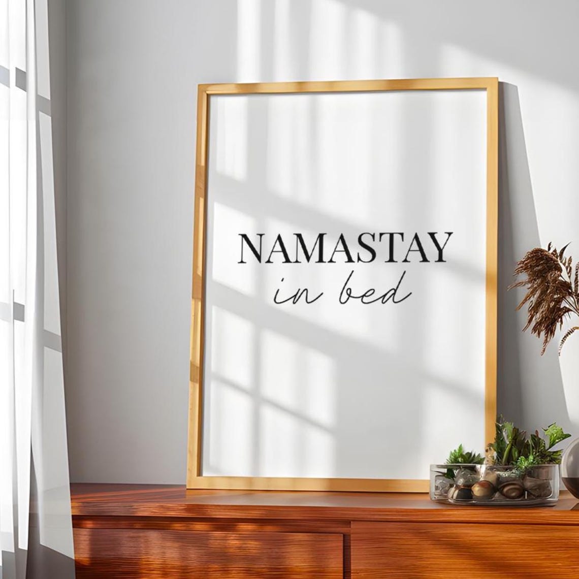 Namastay In Bed Funny Yoga Pun Script Serif Quote Decor Poster