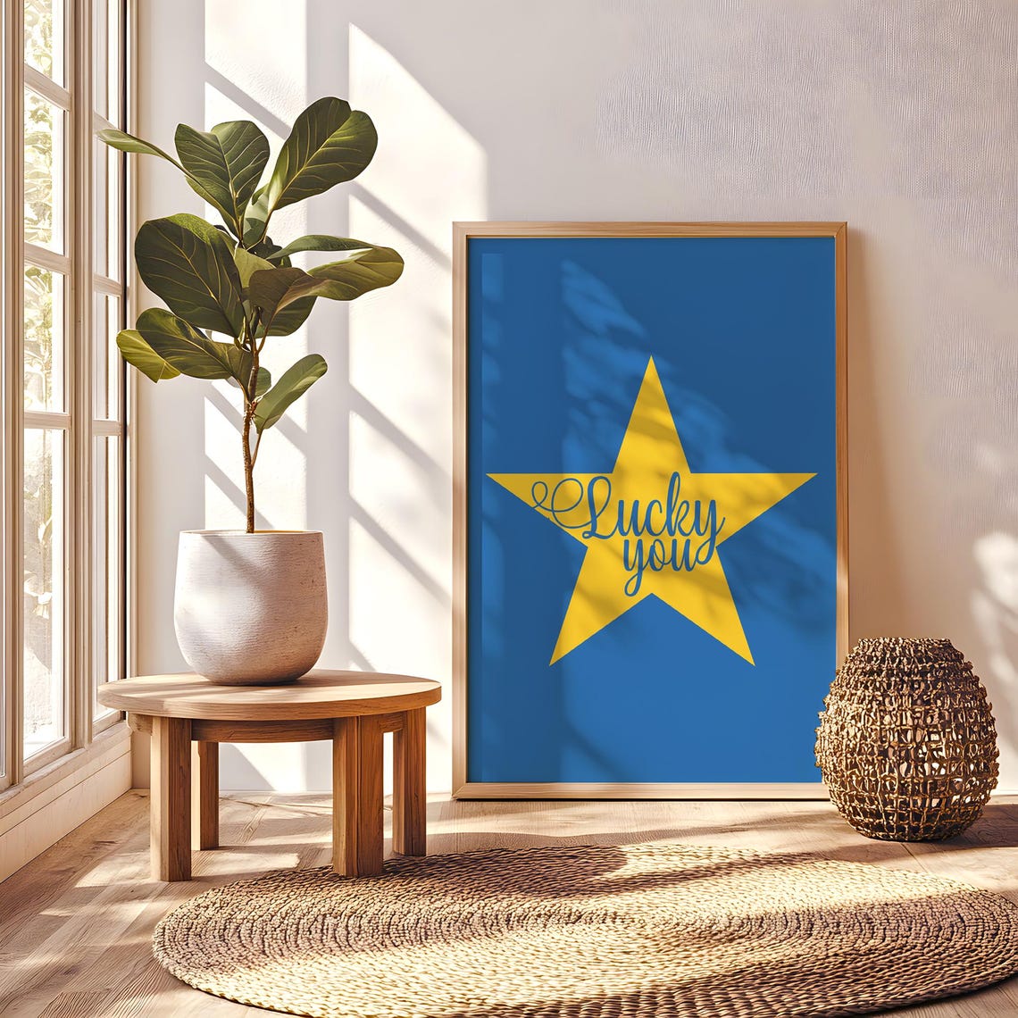 Lucky You Script Lettering Yellow Star Retro Blue Wall Decor Poster - Image 2