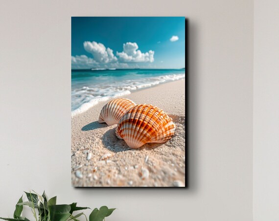 Orange Seashells on a Sandy Beach with Turquoise Water Poster