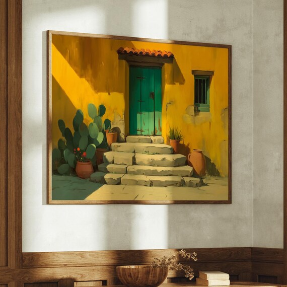 Southwest Courtyard With Green Door Clay Pots And Cactus Poster