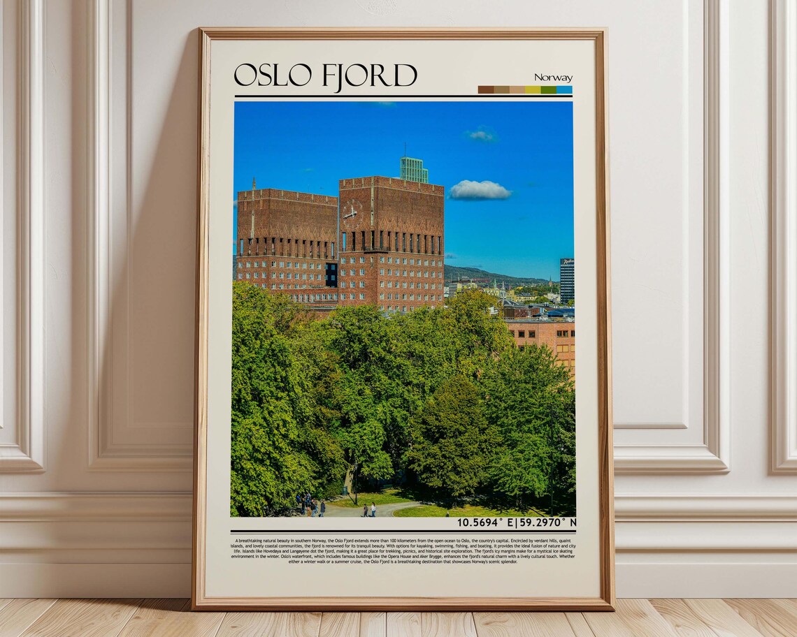 Oslo Fjord Norway City Hall Brick Towers Minimalist Travel Poster