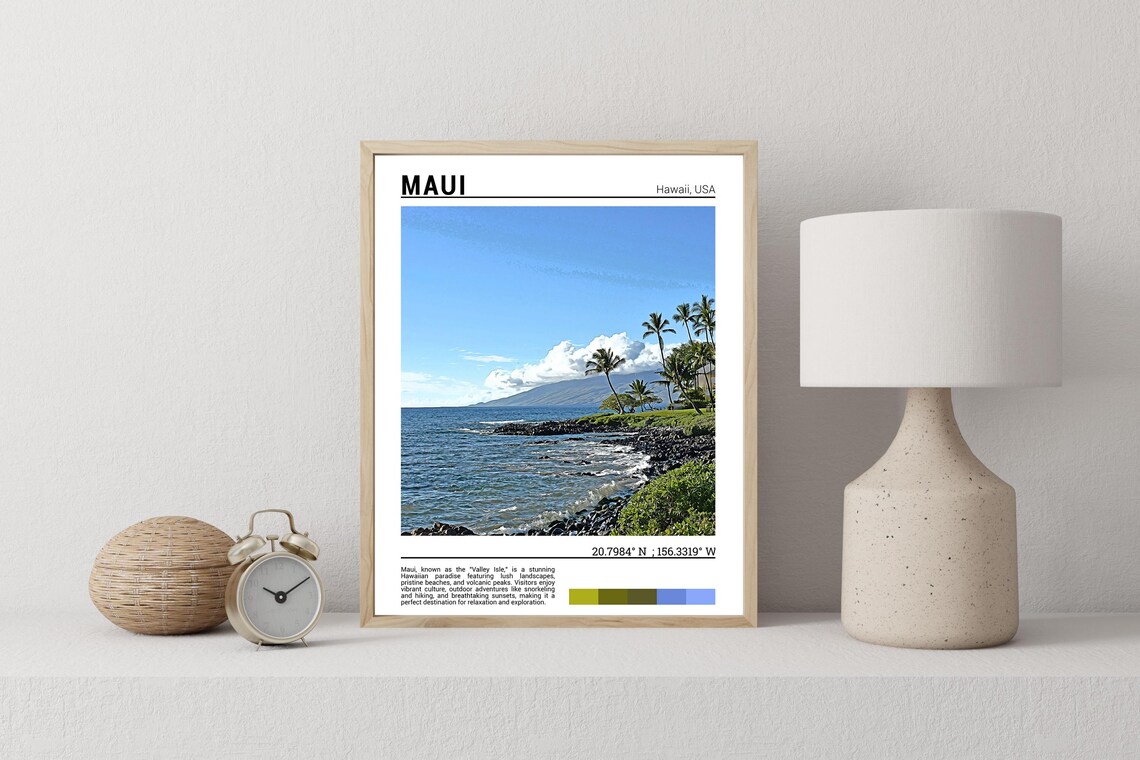 Maui Hawaii Tropical Rocky Shore Palm Trees Ocean Photo Poster - Image 2