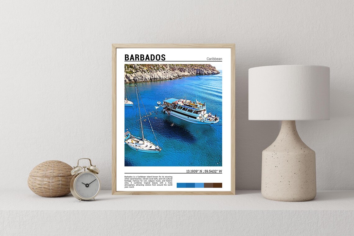 Barbados Caribbean Boats Blue Water Cove Rocky Coast Travel Poster - Image 2