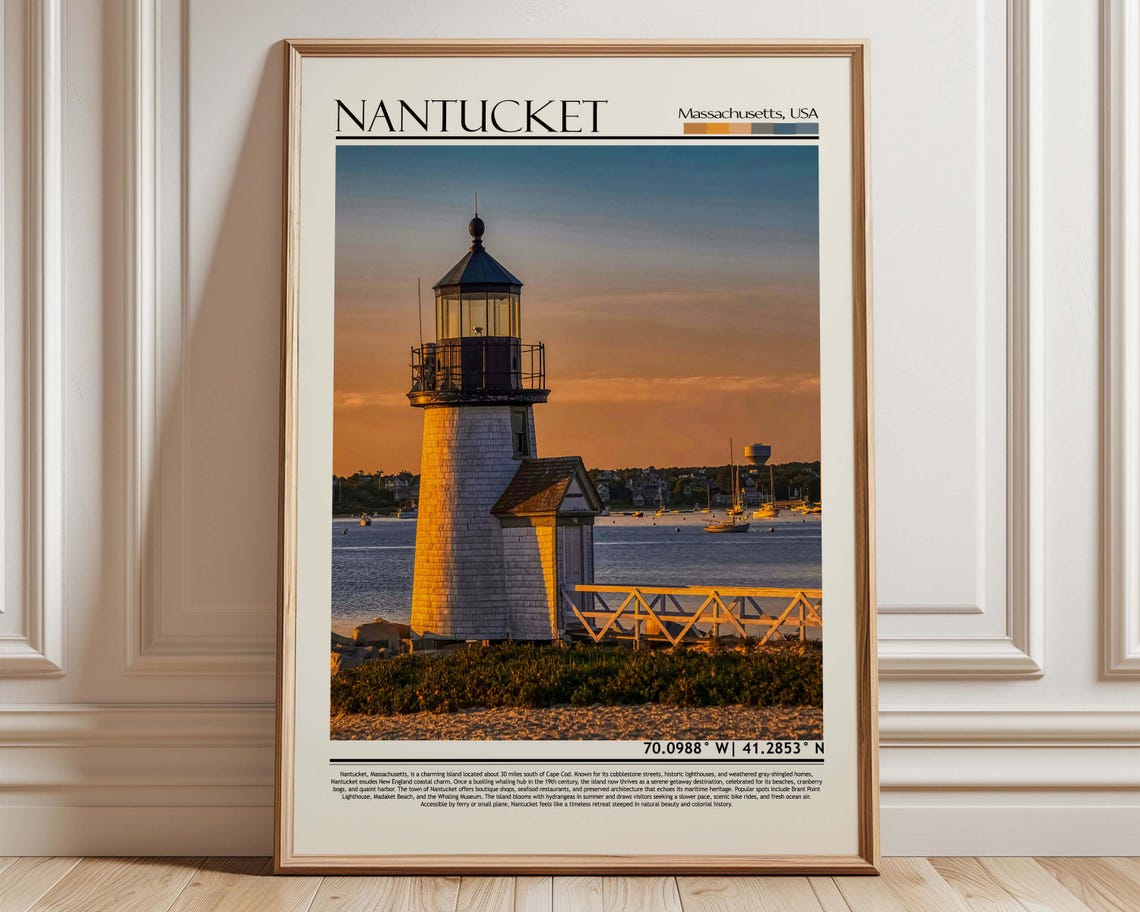 Nantucket Massachusetts Lighthouse Sunset Harbor Travel Poster
