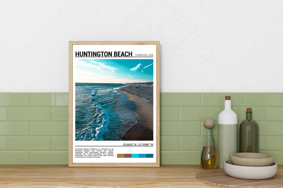 Huntington Beach California Surf Waves Shoreline Sunset Travel Poster - Image 3
