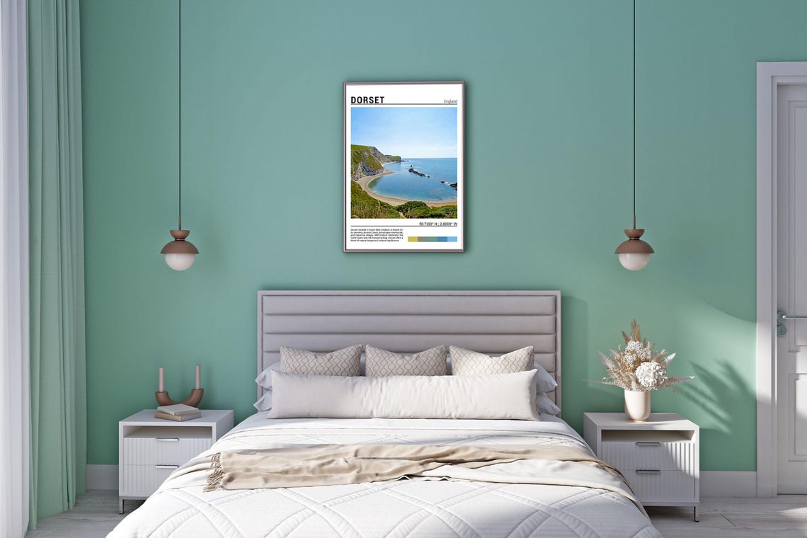 Dorset England Crescent Bay Green Cliffs Turquoise Water Poster - Image 5