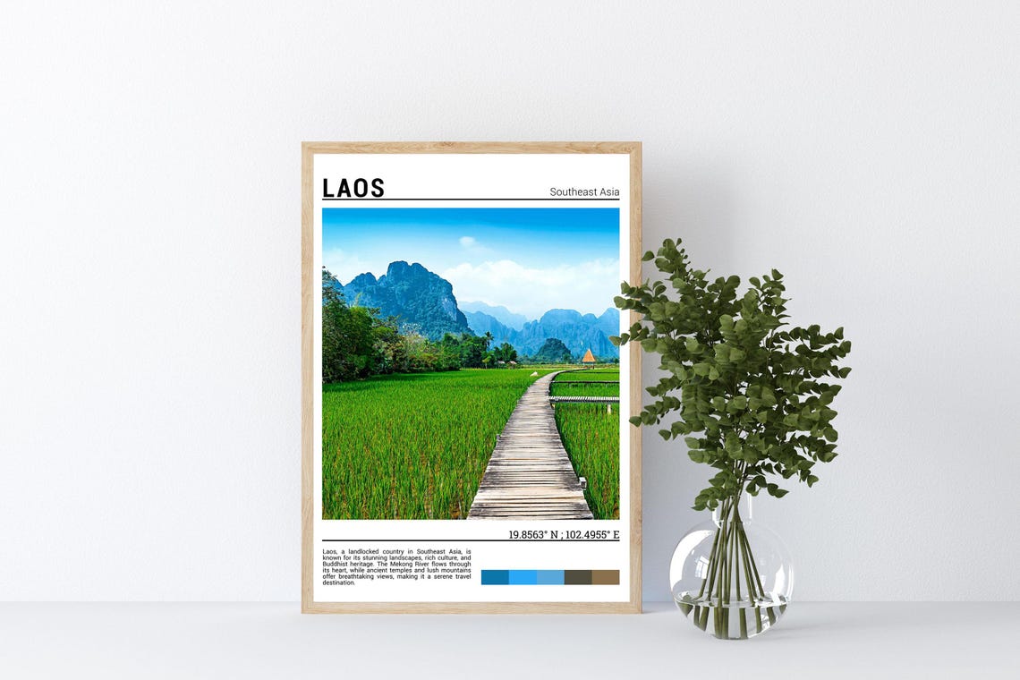 Laos Southeast Asia Rice Paddy Boardwalk Mountains Travel Poster - Image 4